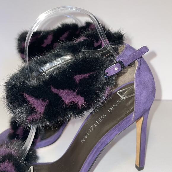 Stuart Weitzman Shoes Womens Size 8.5 Purple Fur Suede High Heel Sandals Strap - Picture 8 of 16
